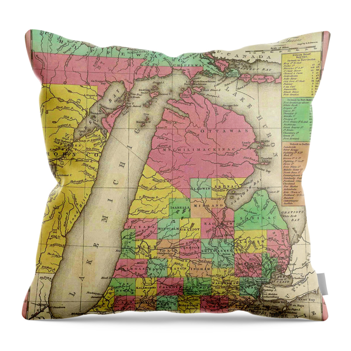 Map Throw Pillow featuring the drawing Map of Michigan 1836 by Mountain Dreams