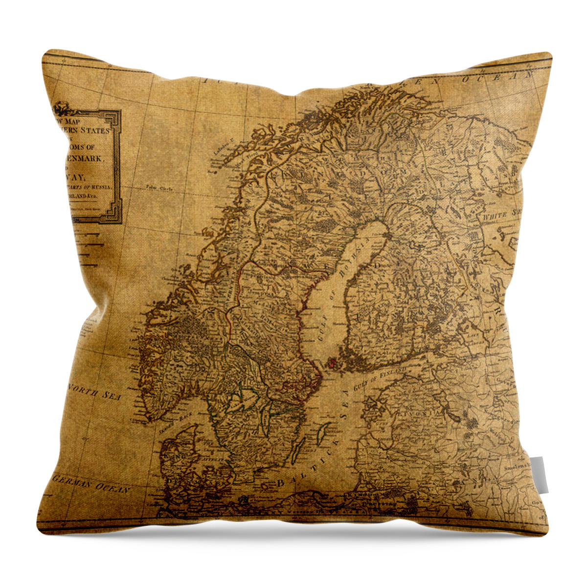 Map Throw Pillow featuring the mixed media Map of Norway Sweden Denmark and Scandinavia Circa 1794 on Worn Distressed Parchment by Design Turnpike