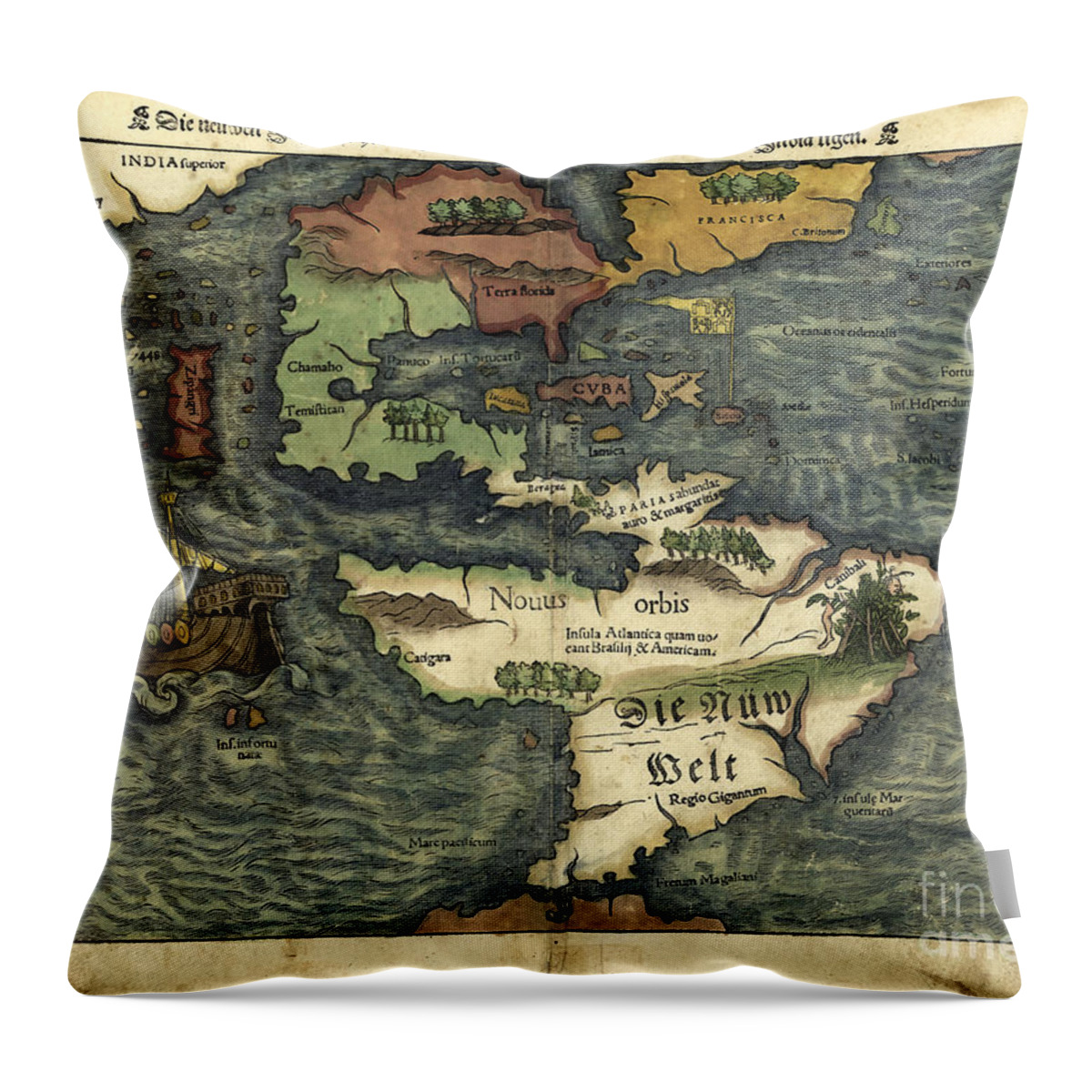 1500s Throw Pillow featuring the photograph Map Of The Americas 1550 by Photo Researchers