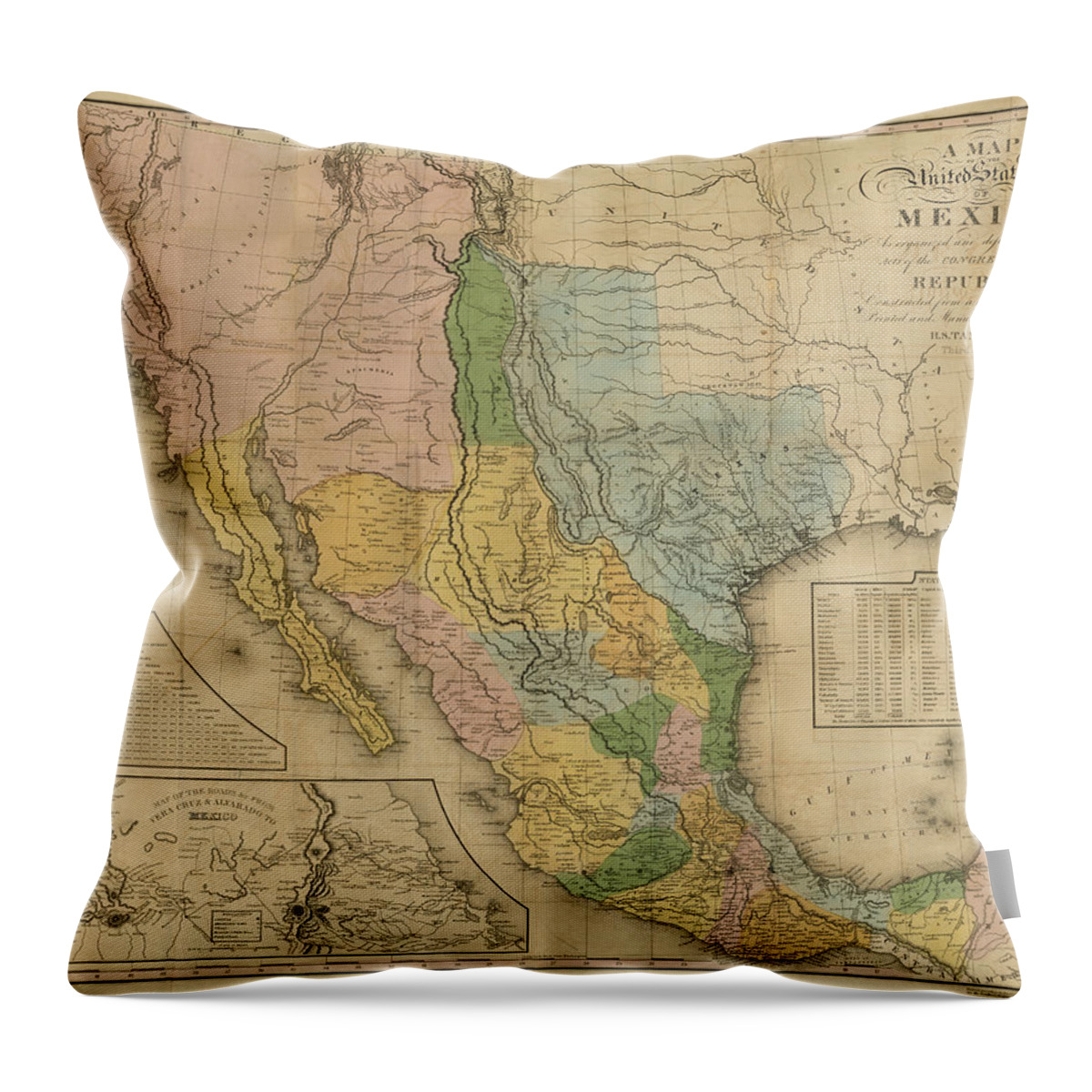 Texas Throw Pillow featuring the digital art Map of the United States of Mexico, Tanner 1846 by Texas Map Store