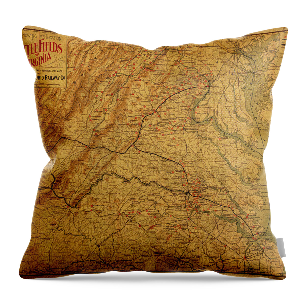 Map Of Virginia Throw Pillow featuring the mixed media Map of Virginia Battlefields Civil War Circa 1892 on Worn Distressed Vintage Canvas by Design Turnpike