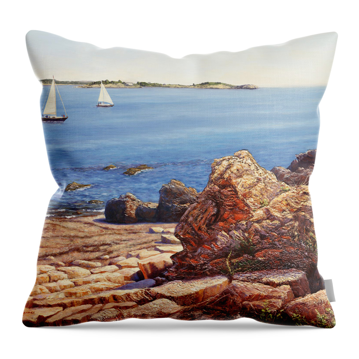 Seascape Throw Pillow featuring the painting Marblehead Coast Jewel Sailboats, Massachusetts by Elaine Farmer