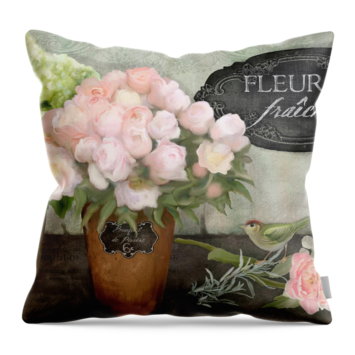 French Flower Market Throw Pillow featuring the painting Marche aux Fleurs 2 - Peonies n Hydrangeas w Bird by Audrey Jeanne Roberts
