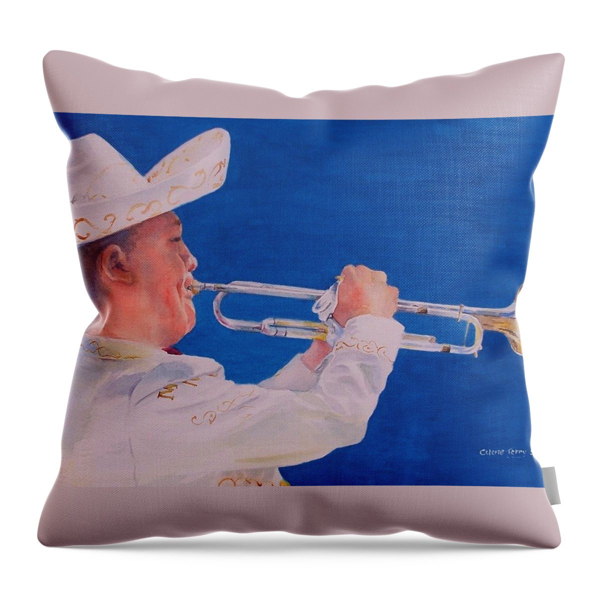 Mariachi Throw Pillow featuring the painting Mariachi Trumpeter by Celene Terry