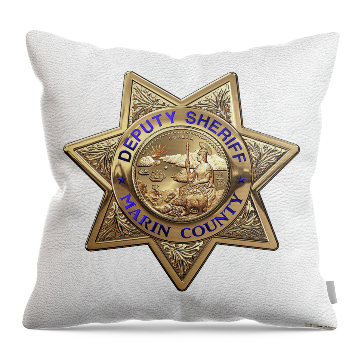 'law Enforcement Insignia & Heraldry' Collection By Serge Averbukh Throw Pillow featuring the digital art Marin County Sheriff Department - Deputy Sheriff Badge over White Leather by Serge Averbukh
