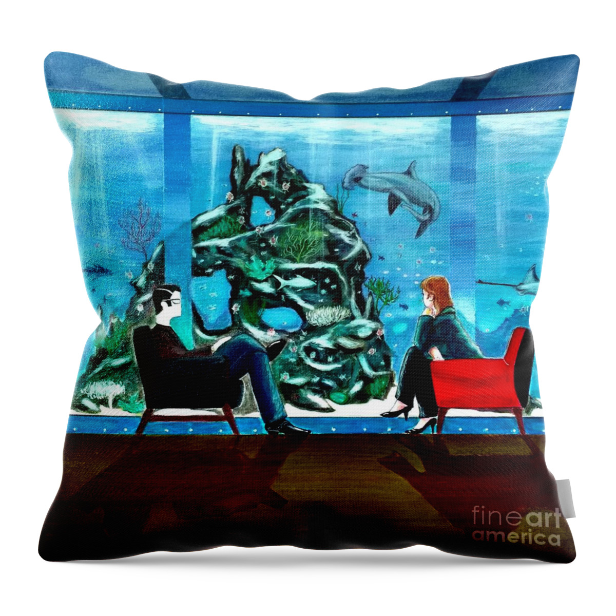 Johnlyes Throw Pillow featuring the painting Marinelife Observing Couple Sitting in Chairs by John Lyes