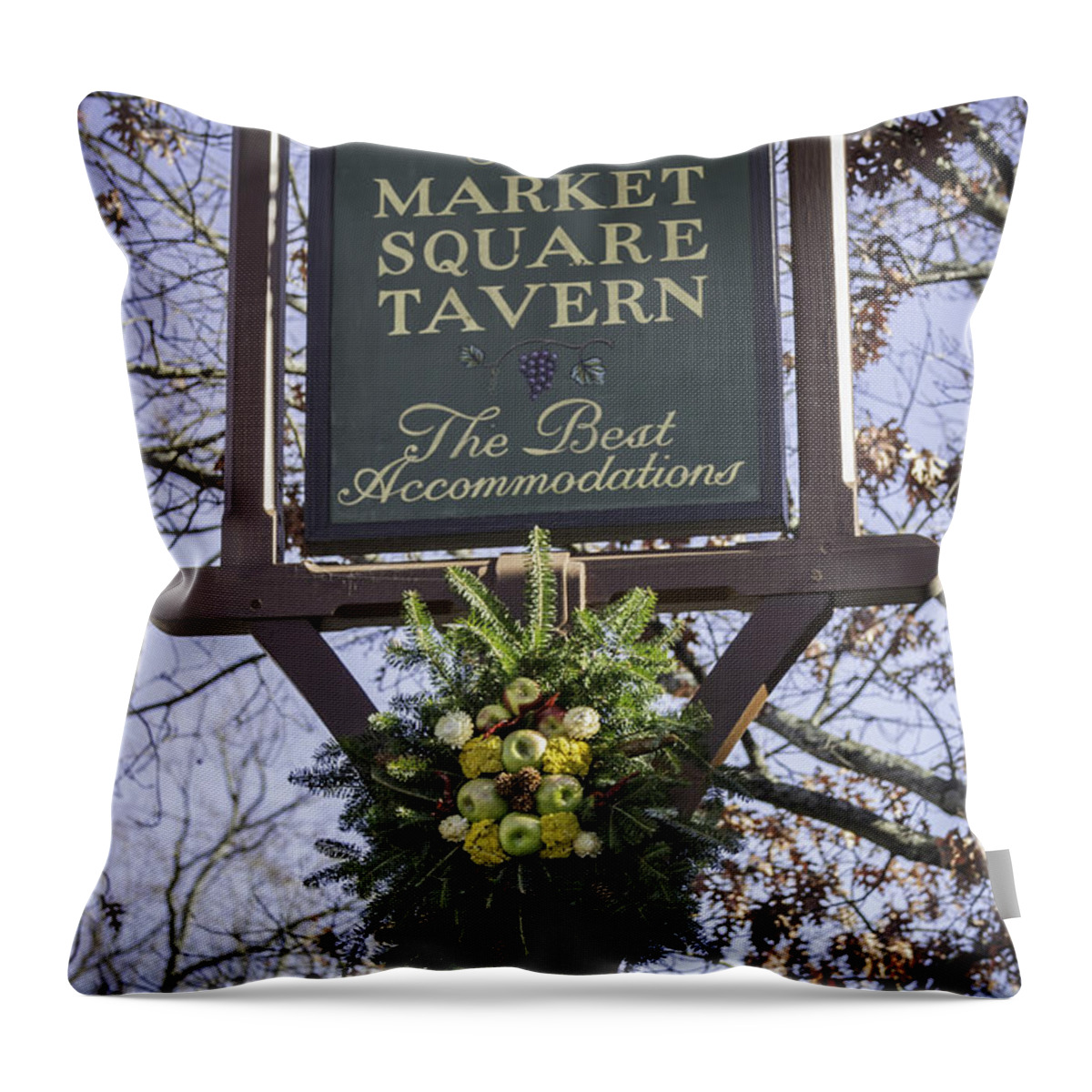 Colonial Williamsburg Throw Pillow featuring the photograph Market Square Tavern Sign by Teresa Mucha