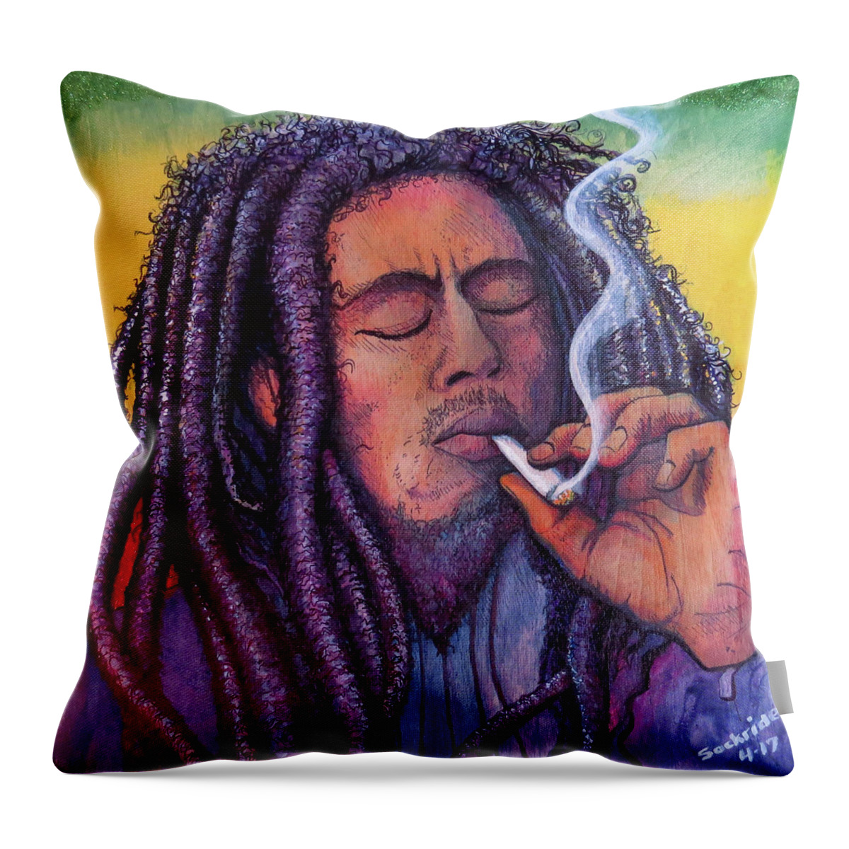 Bob Marley Throw Pillow featuring the painting Marley Smoking by David Sockrider