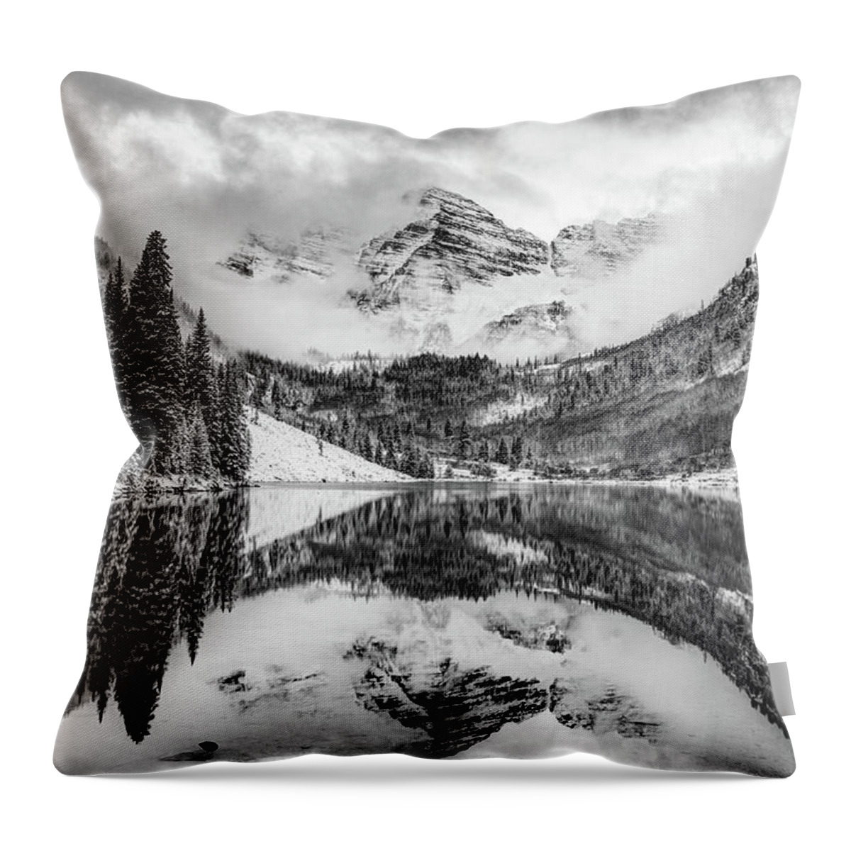 Maroon Bells Throw Pillow featuring the photograph Maroon Bells Covered in Clouds - Black and White by Gregory Ballos