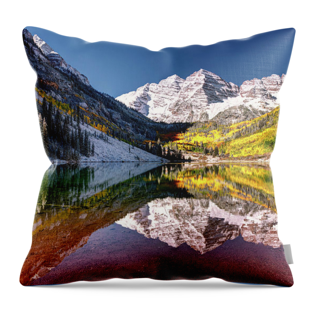 Olena Art Throw Pillow featuring the photograph Sunrise at Maroon Bells Lake Autumn Aspen Trees in The Rocky Mountains Near Aspen Colorado by Lena Owens - OLena Art Vibrant Palette Knife and Graphic Design