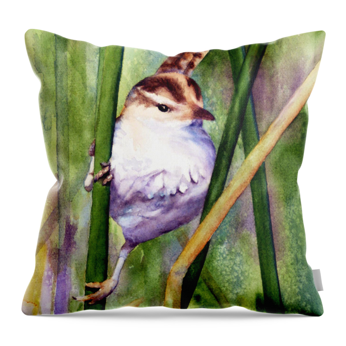 Bird Throw Pillow featuring the painting Silver Creek Marsh Wren by Marsha Karle