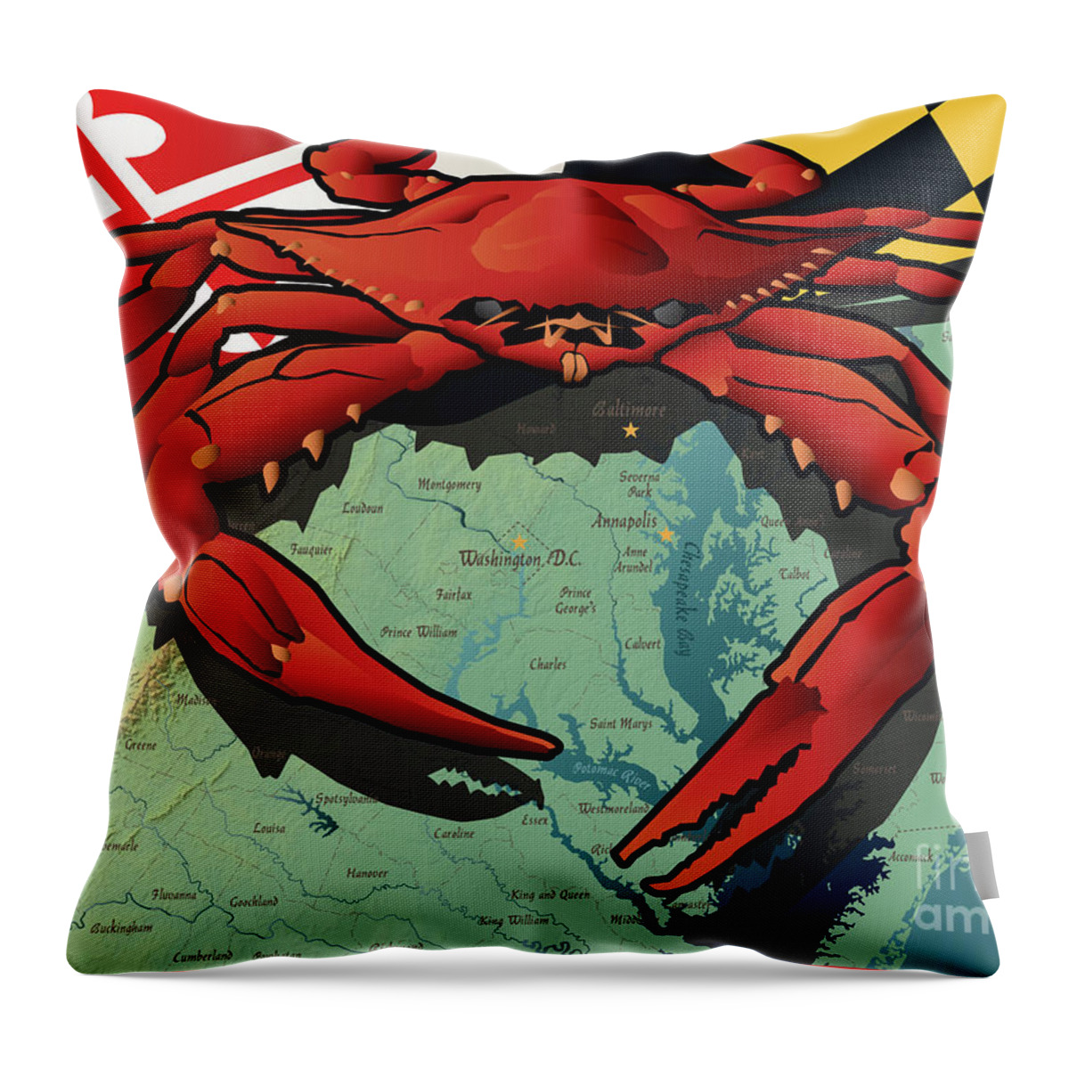 Crab Throw Pillow featuring the digital art Maryland Red Crab by Joe Barsin
