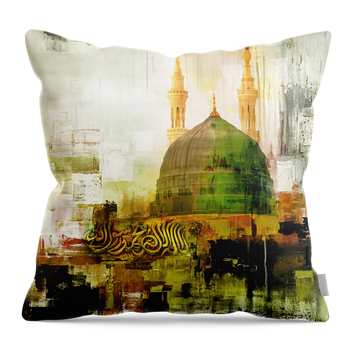 Masjid E Nabvi Throw Pillow featuring the painting masjid e Nabawi 003 by Gull G