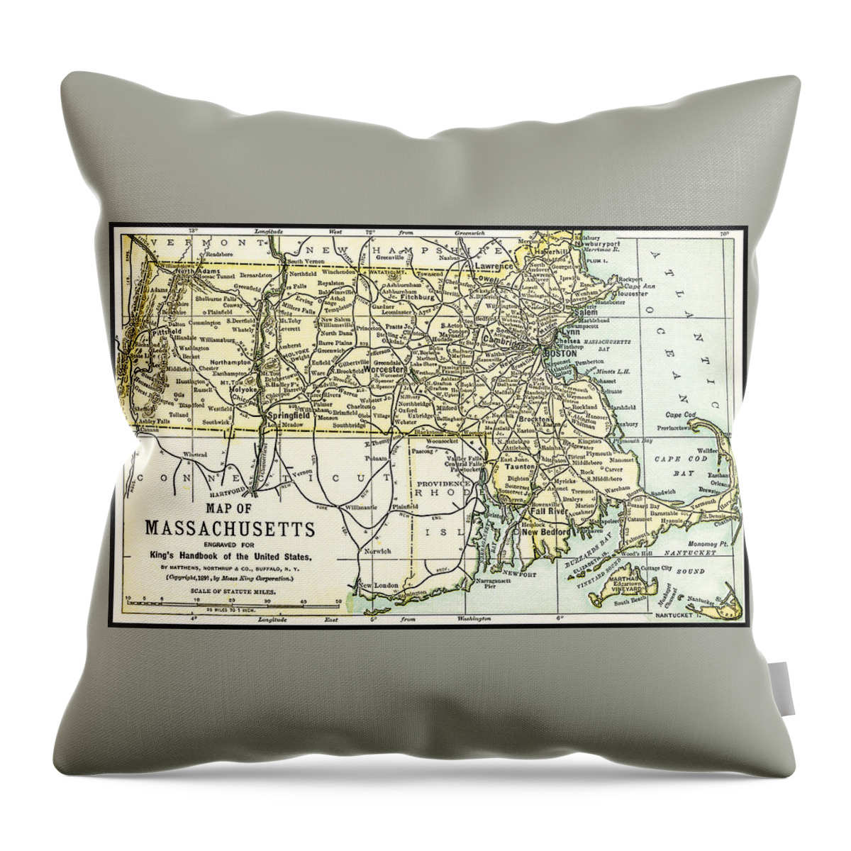 Map Throw Pillow featuring the photograph Massachusetts Antique Map 1891 by Phil Cardamone