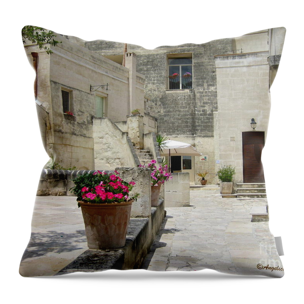 Cityscape Throw Pillow featuring the photograph Matera with Flowers by Italian Art