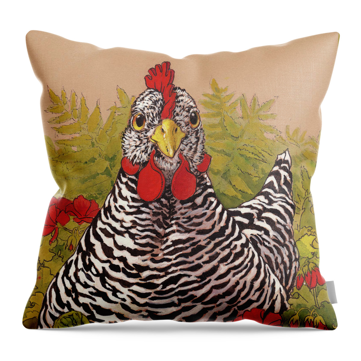 Chicken Throw Pillow featuring the painting Matilda in the Geraniums by Tracie Thompson