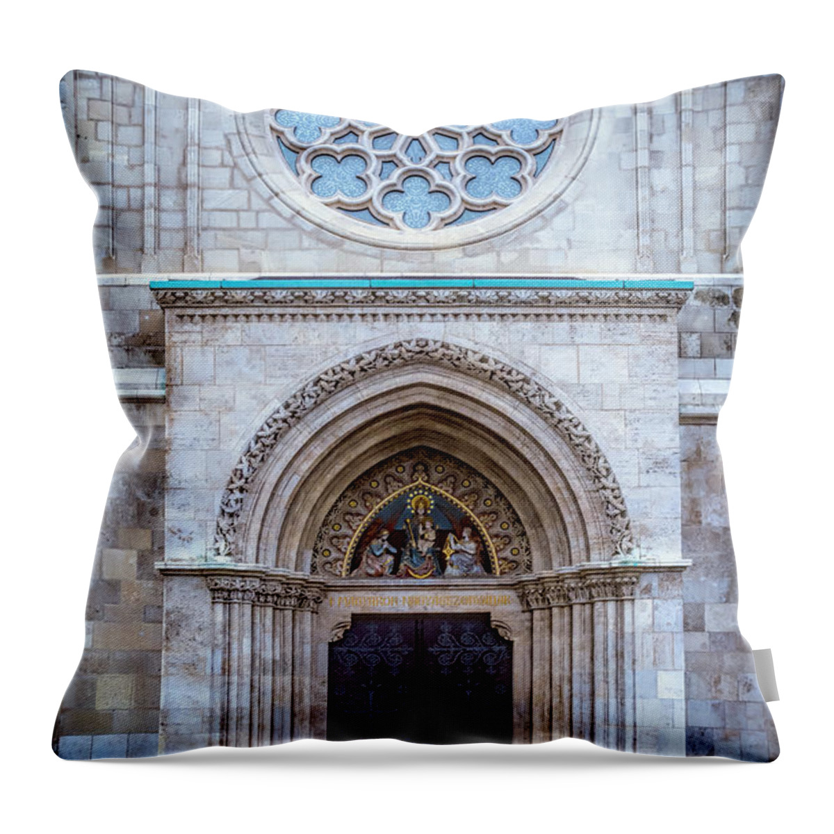 Joan Carroll Throw Pillow featuring the photograph Matthias Church Rose Window and Portal by Joan Carroll