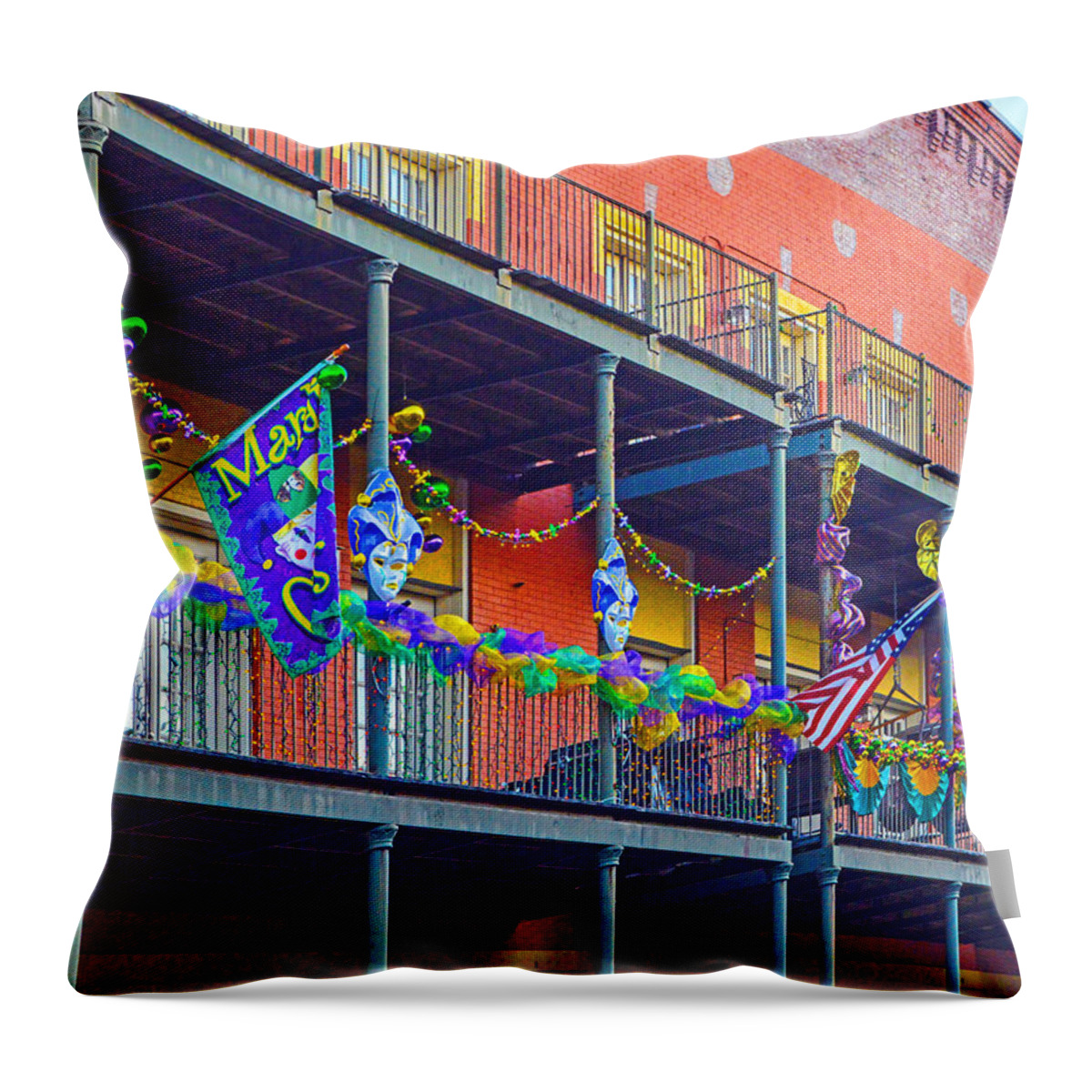 Alabama Throw Pillow featuring the photograph Mattress Factory Mardi Gras Railing in Mobile alabama by Michael Thomas