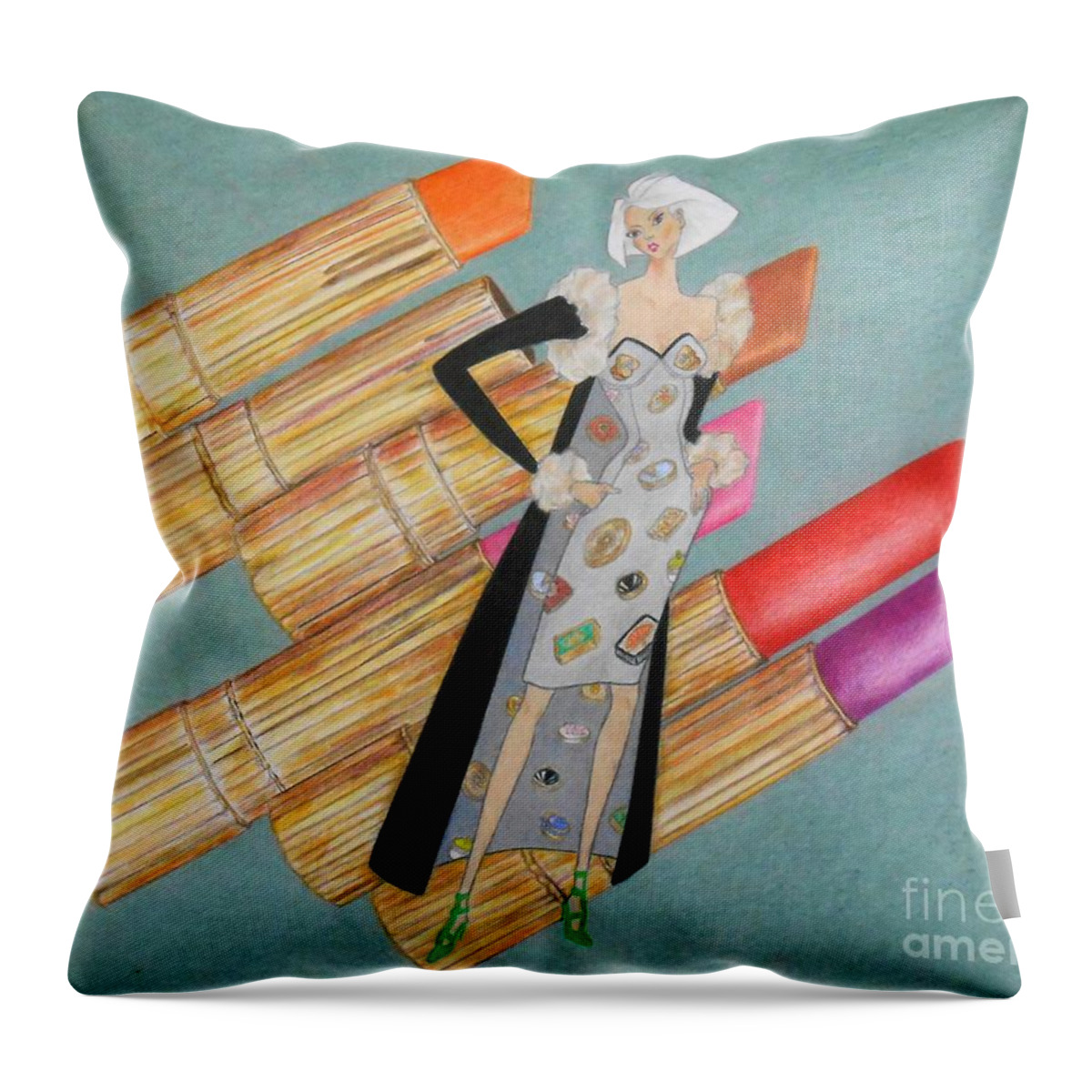 Lipstick Throw Pillow featuring the drawing Maybelline by Jayne Somogy