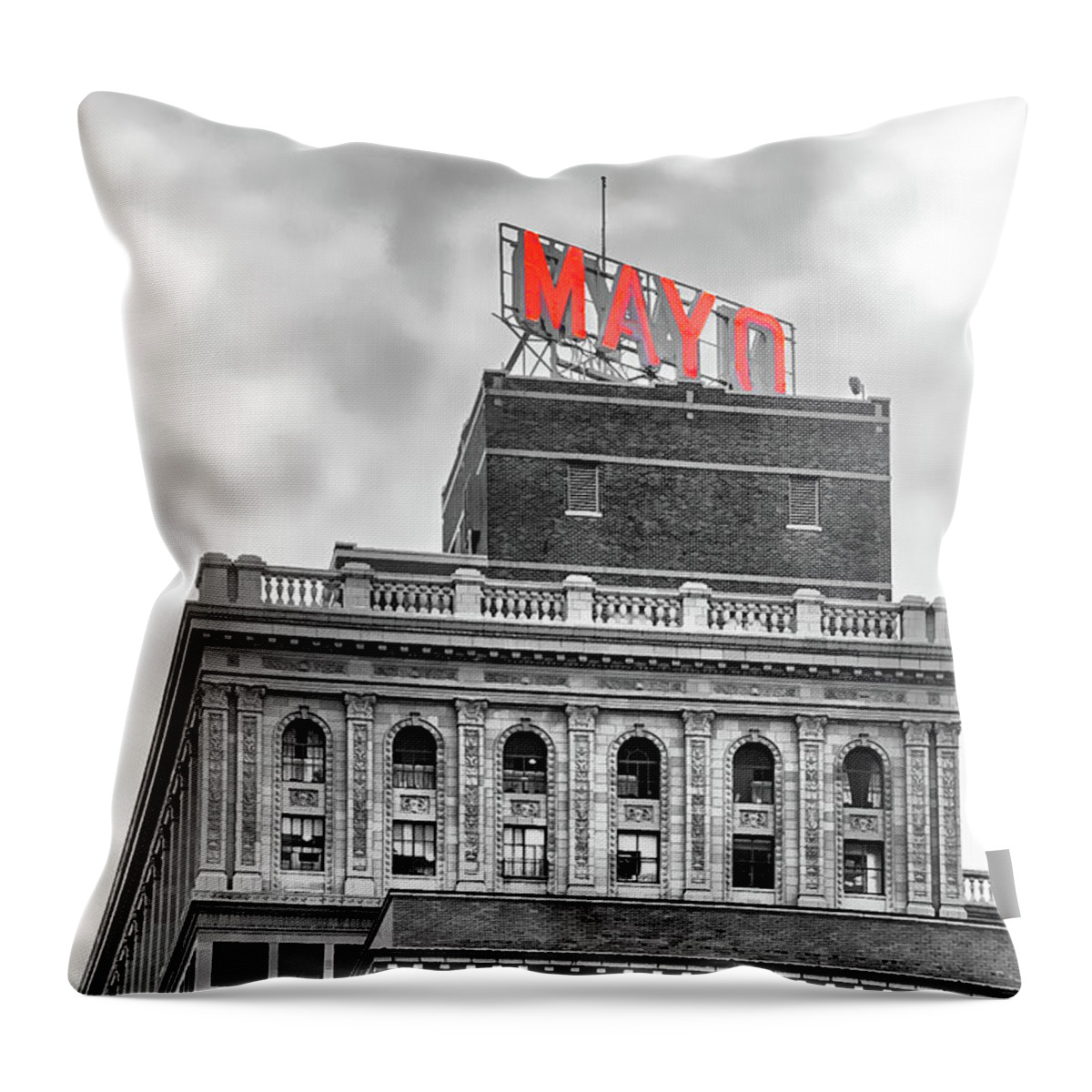Mayo Throw Pillow featuring the photograph Mayo Hotel Black and White Impression Red Sign by Bert Peake