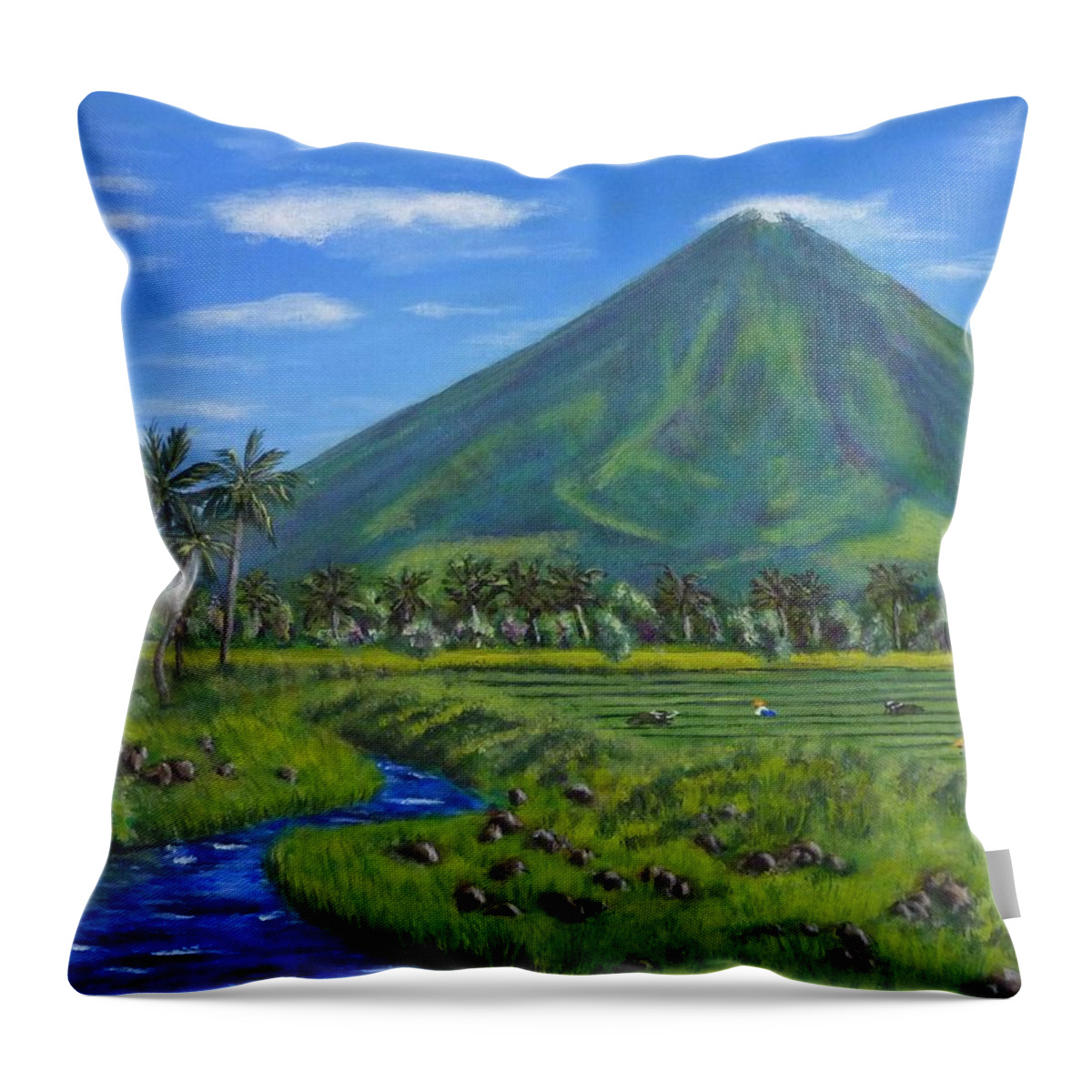 Mayon Volcano Throw Pillow featuring the painting Mayon Volcano by Amelie Simmons