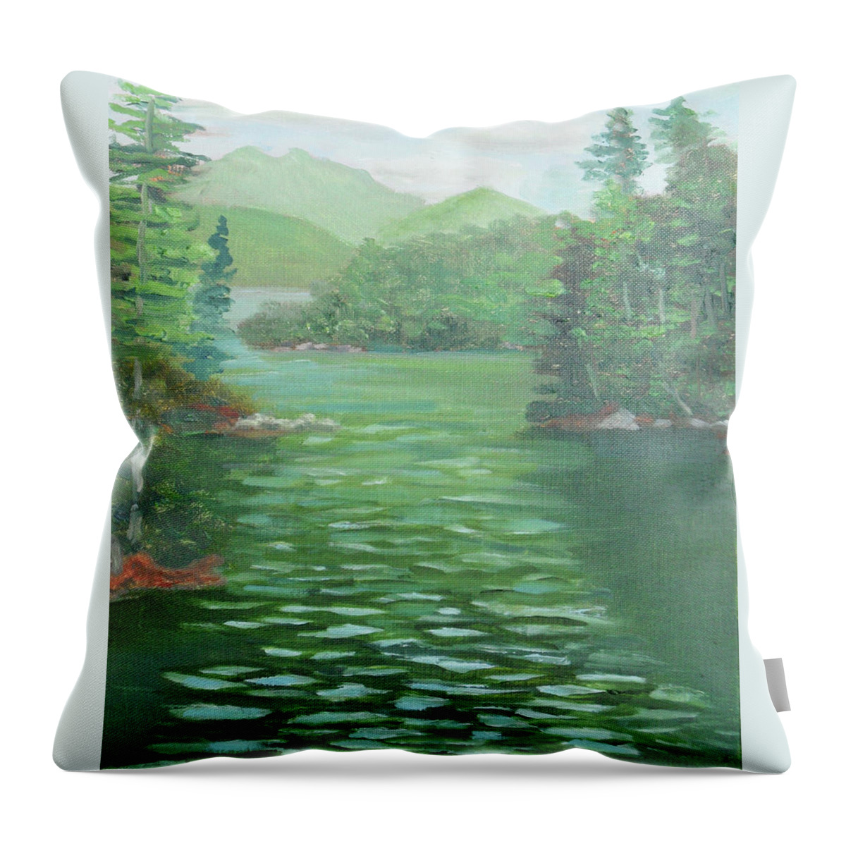Adirondacks Throw Pillow featuring the painting McKenzie and Haystack Mountains from Lower Saranac Lake by Robert P Hedden