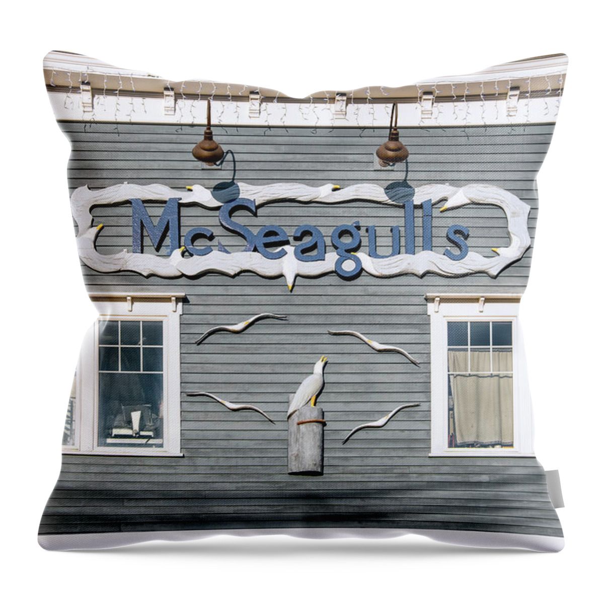 Signs Throw Pillow featuring the photograph McSeagulls Restaurant Boothbay Harbor, ME by Betty Denise