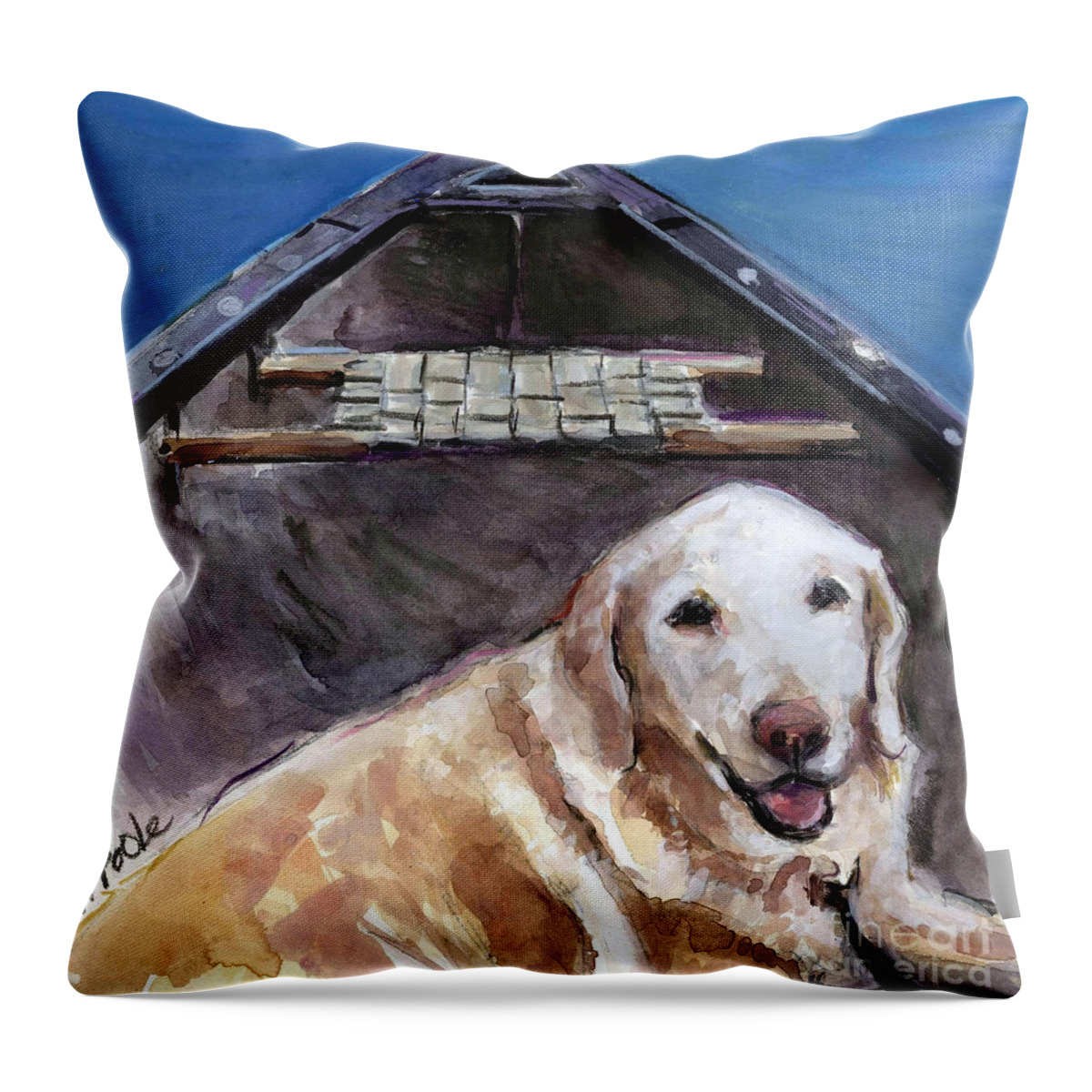 Dog In Canoe Throw Pillow featuring the painting Me You Canoe by Molly Poole