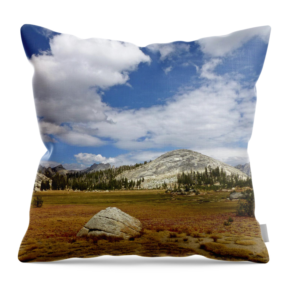 Yosemite National Park Throw Pillow featuring the photograph John Muir Trail High Sierra Camp Meadow by Amelia Racca