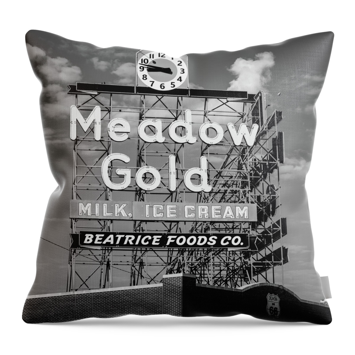 America Throw Pillow featuring the photograph Meadow Gold Vintage Neon Route 66 Square Black and White by Gregory Ballos