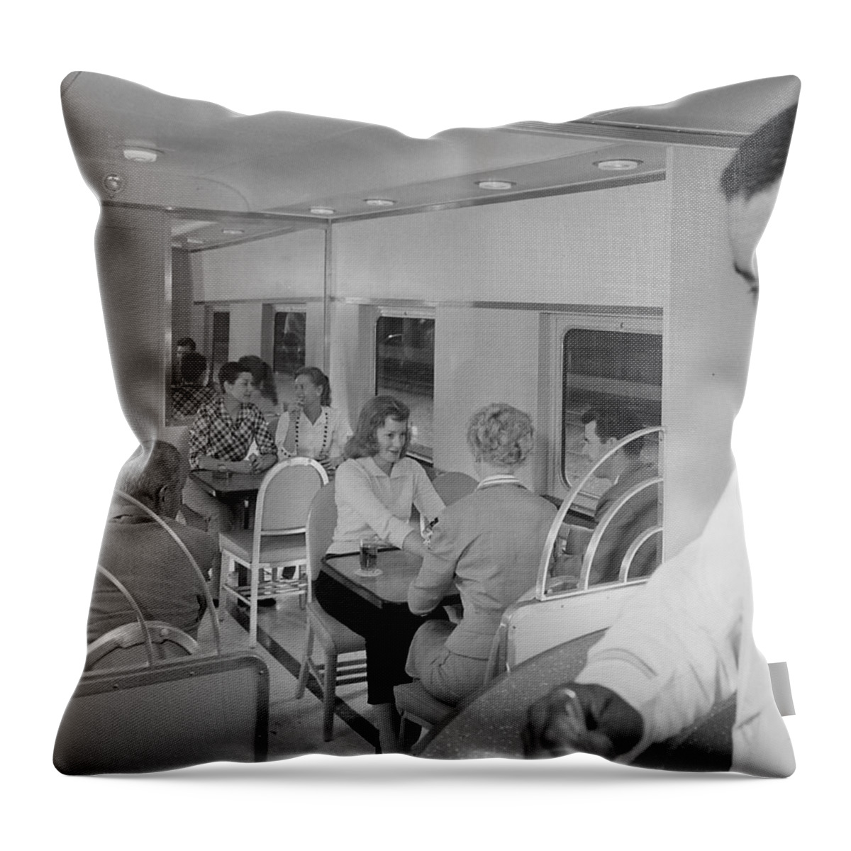 Passengers Throw Pillow featuring the photograph Passengers Mingle on Train - 1958 by Chicago and North Western Historical Society