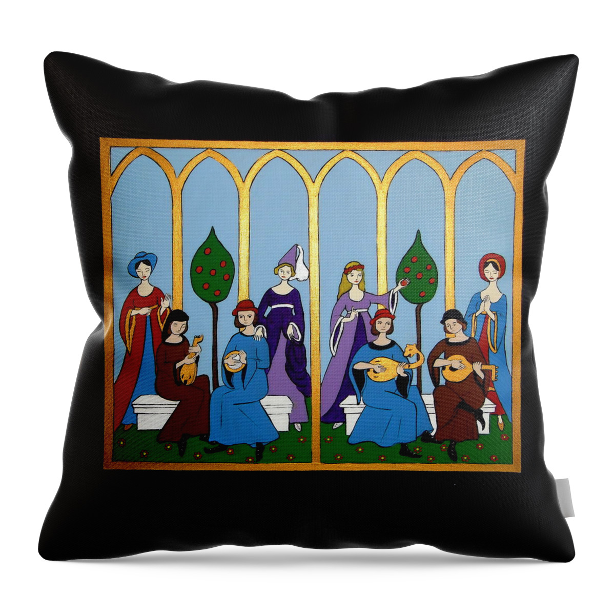 Musicians Throw Pillow featuring the painting Medieval Musicians by Stephanie Moore