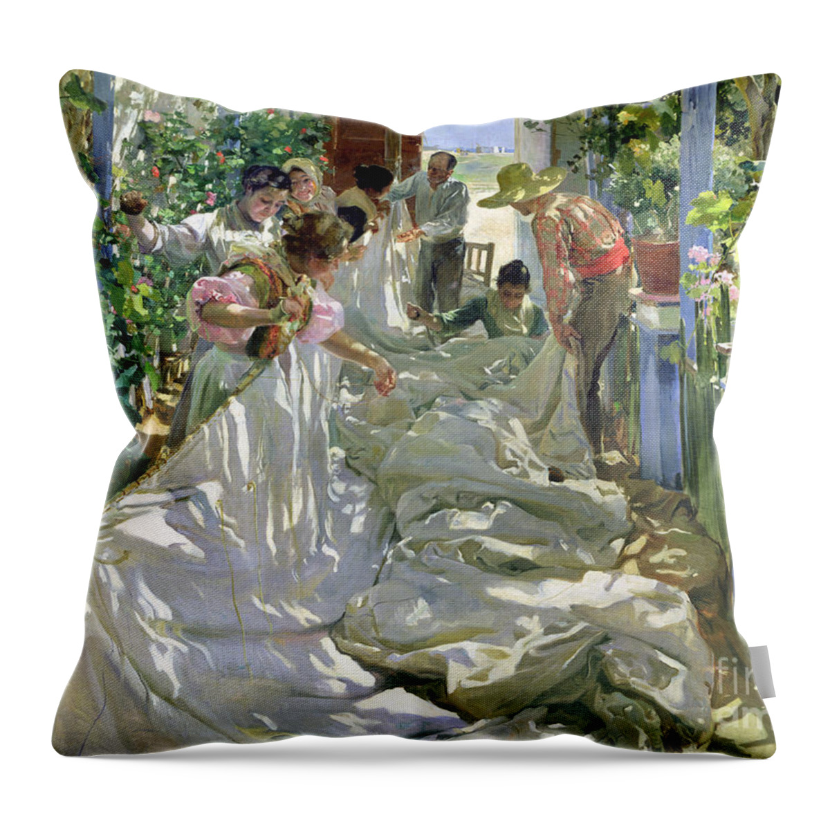 Sewing;straw Hat;geranium;sunshine;worker;workers;greenhouse;conservatory;interior; Pagoda Throw Pillow featuring the painting Mending the Sail by Joaquin Sorolla y Bastida