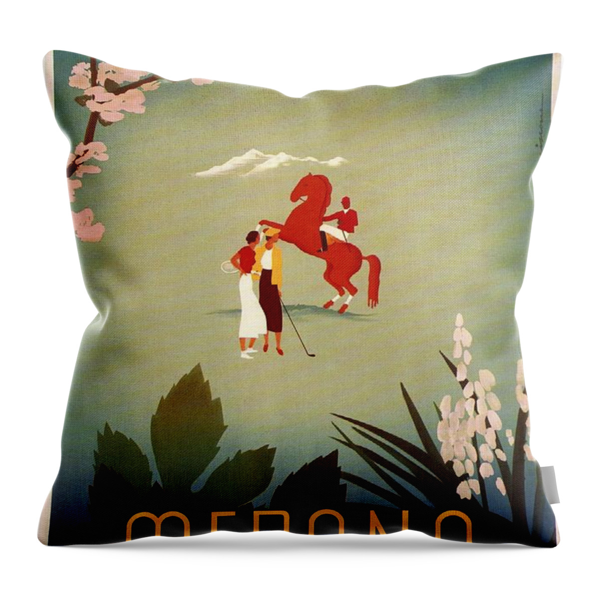 Merano Throw Pillow featuring the mixed media Merano - Italy - Retro travel Poster - Vintage Poster by Studio Grafiikka
