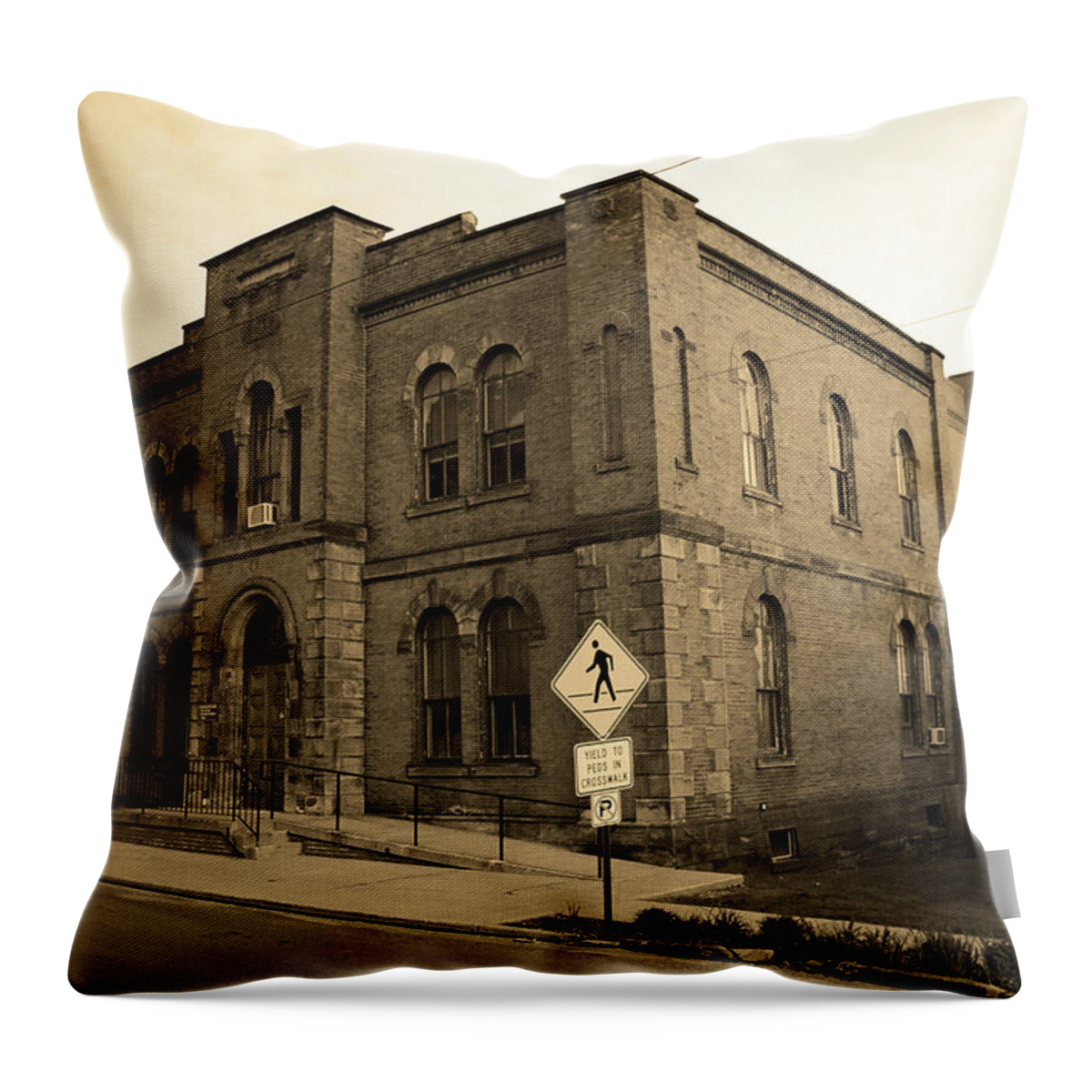 America Throw Pillow featuring the photograph Mercer, Pa - Vintage Building 2008 Sepia by Frank Romeo