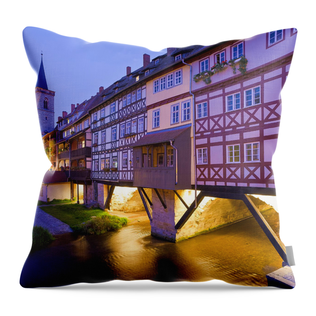 Architecture Throw Pillow featuring the photograph Merchants' bridge in Erfurt by Werner Dieterich