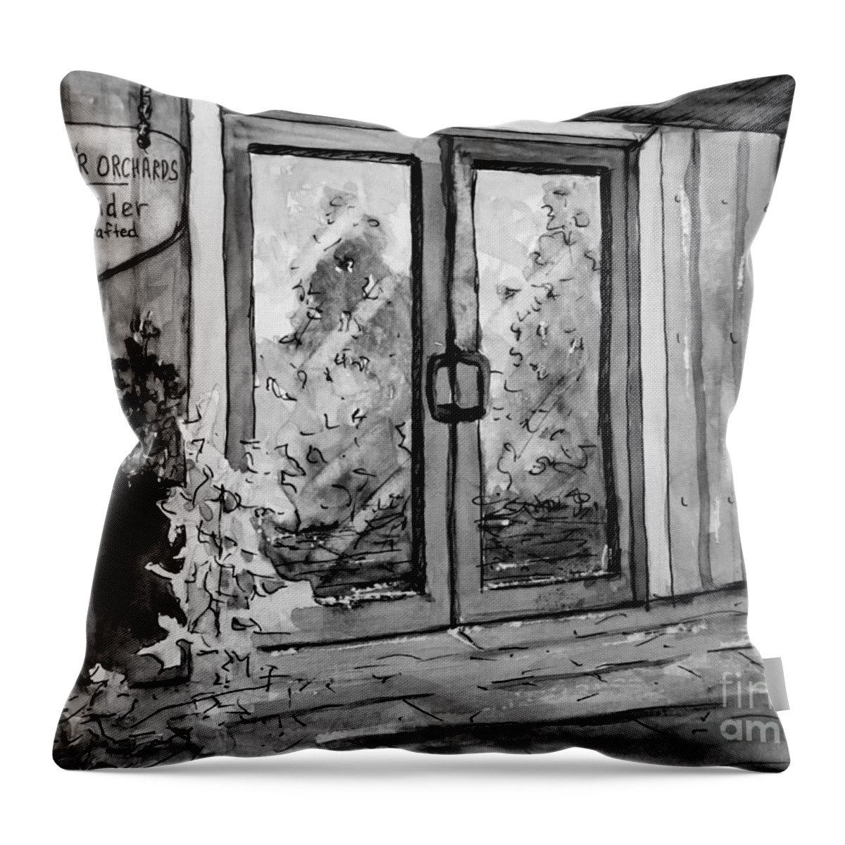 Mercier Orchard Throw Pillow featuring the painting Mercier Orchard's Cider in BW by Gretchen Allen