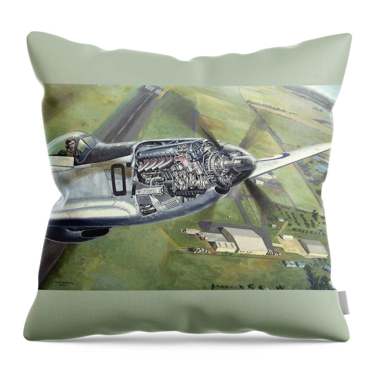 Mustang. Merlin Aircraft Engine. Cutaway Engine. Scone Airport. Col Pay 07 Mustang. North American P51 Mustang. Throw Pillow featuring the painting Merlin Magic over Scone by Colin Parker