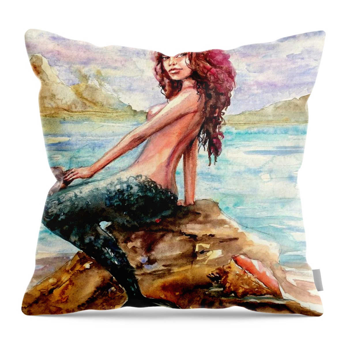 Mermaid Throw Pillow featuring the painting Mermaid 4 by Katerina Kovatcheva