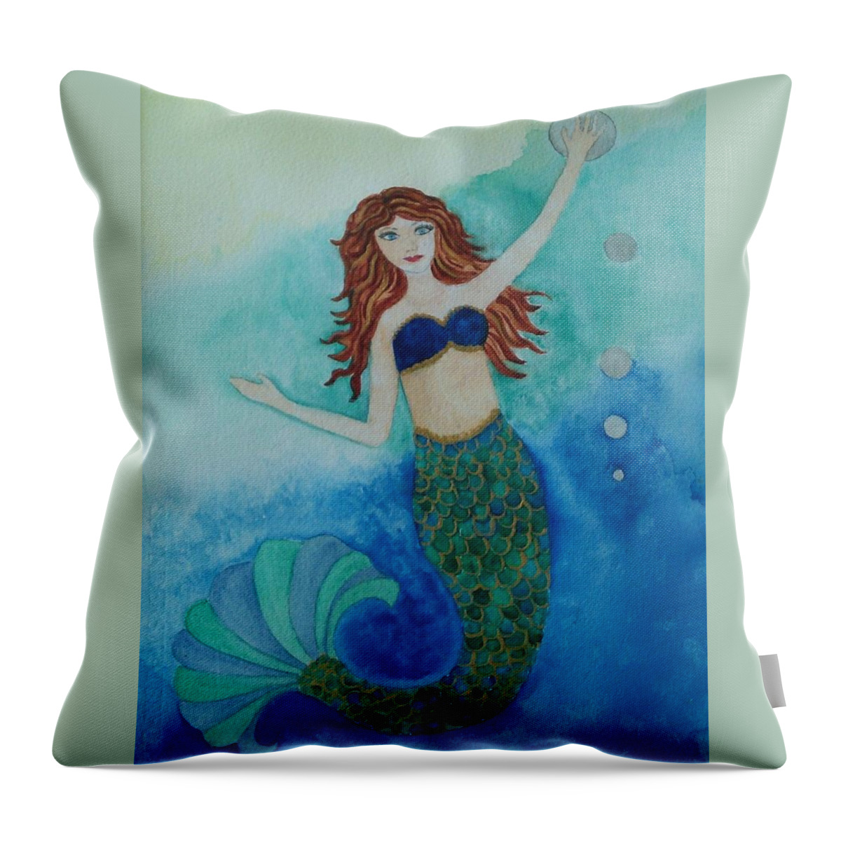 Mermaid Throw Pillow featuring the painting Mermaid And Bubbles by Susan Nielsen