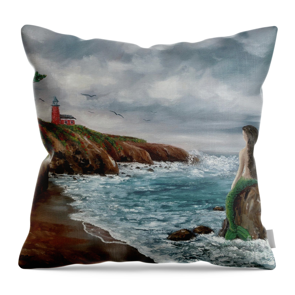 Seascape Throw Pillow featuring the painting Mermaid at Santa Cruz by Laura Iverson