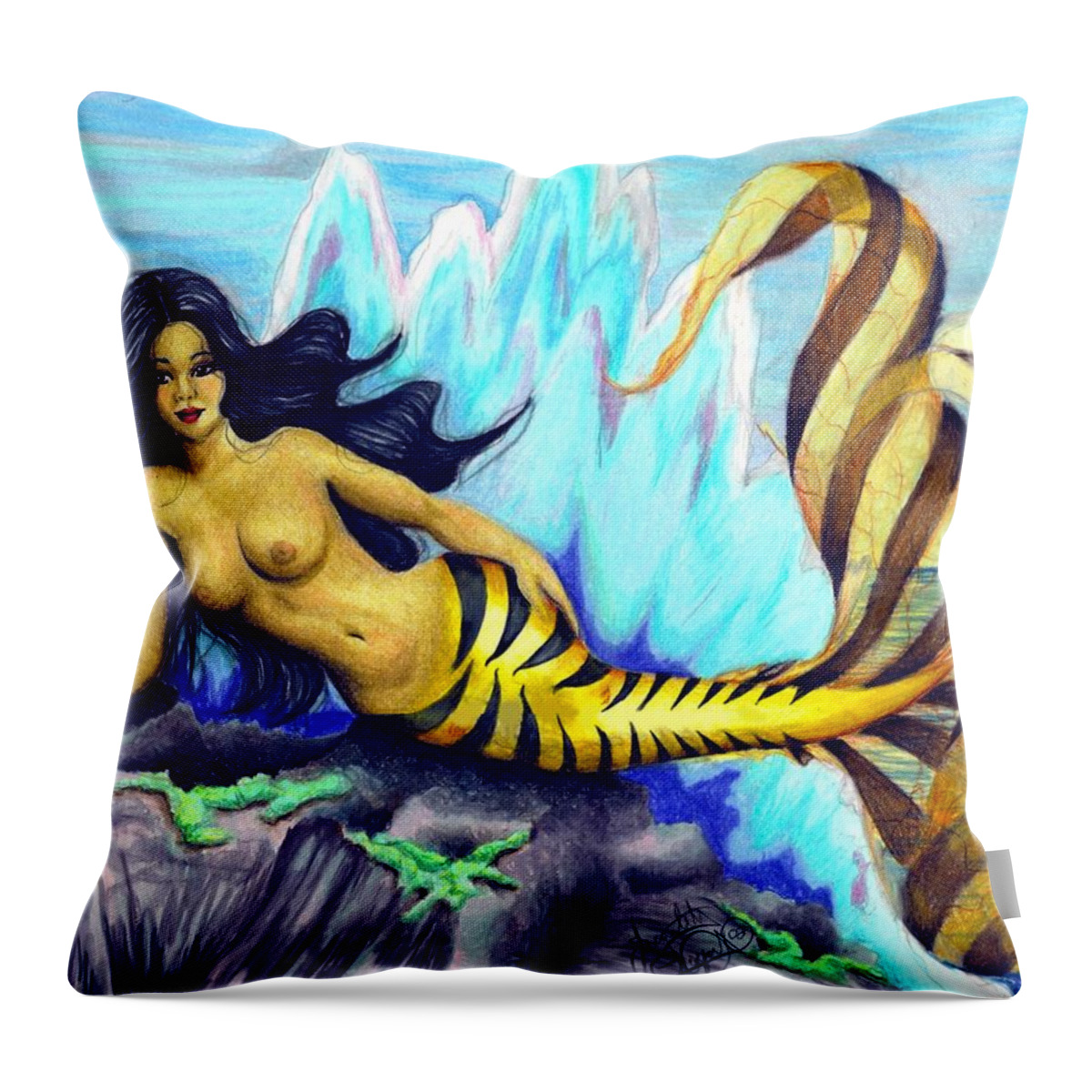 Mermaid Throw Pillow featuring the drawing Mermaid by Scarlett Royale