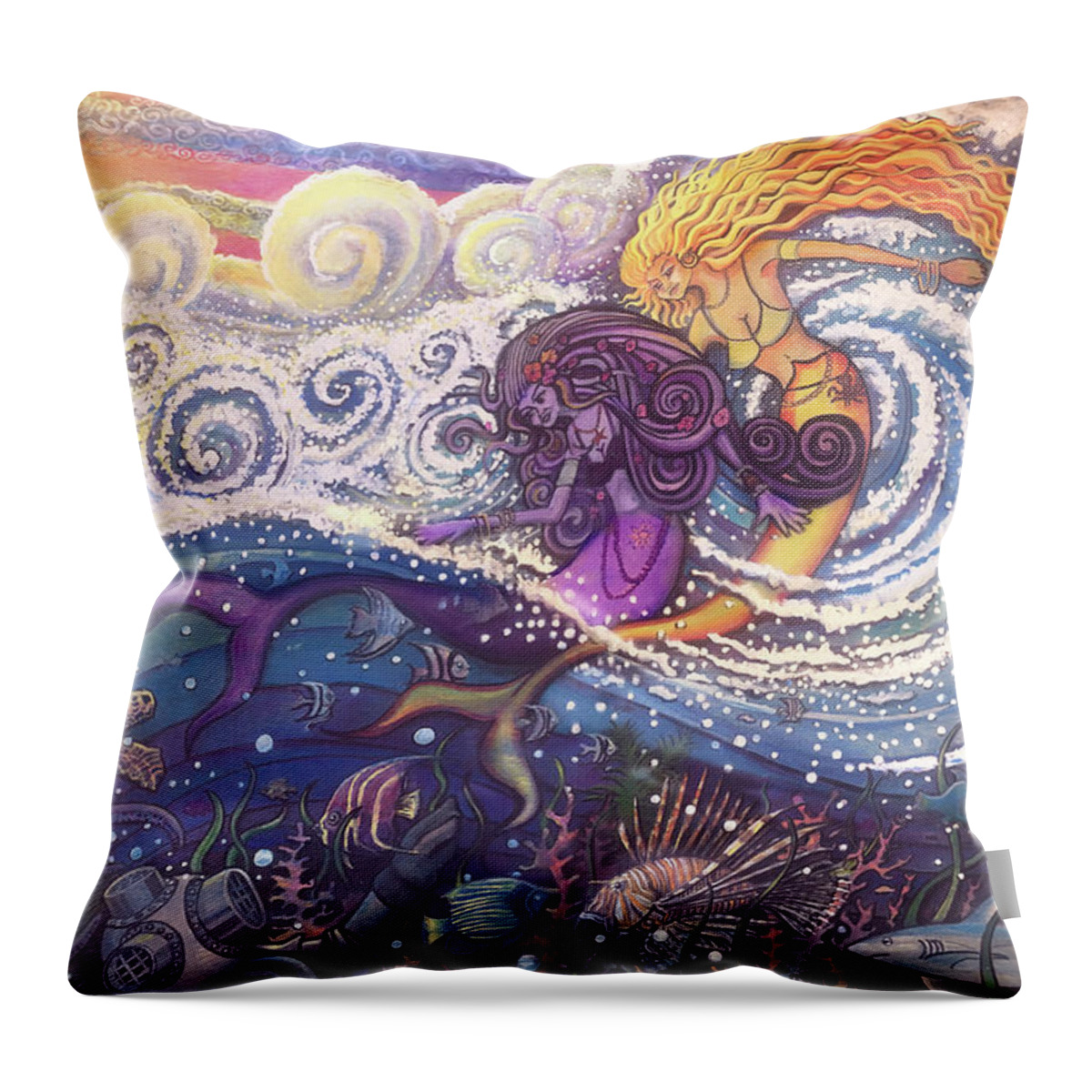 Mermaids Throw Pillow featuring the painting Mermaids in the Surf by David Sockrider