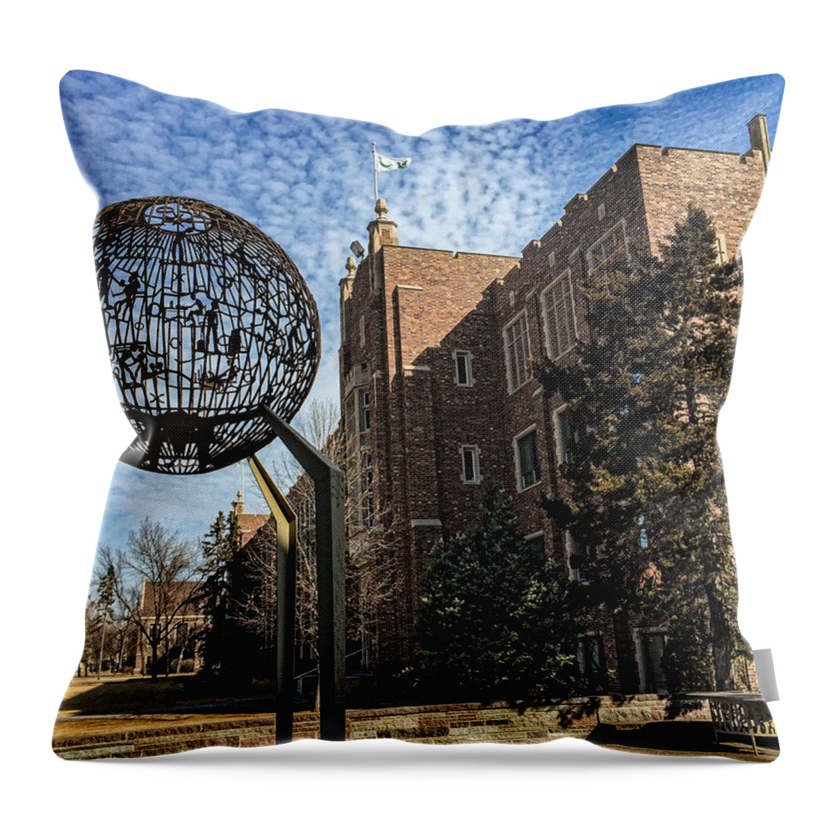 North Dakota Throw Pillow featuring the photograph Merrifield Hall and Old Main Monument by Tom Gort