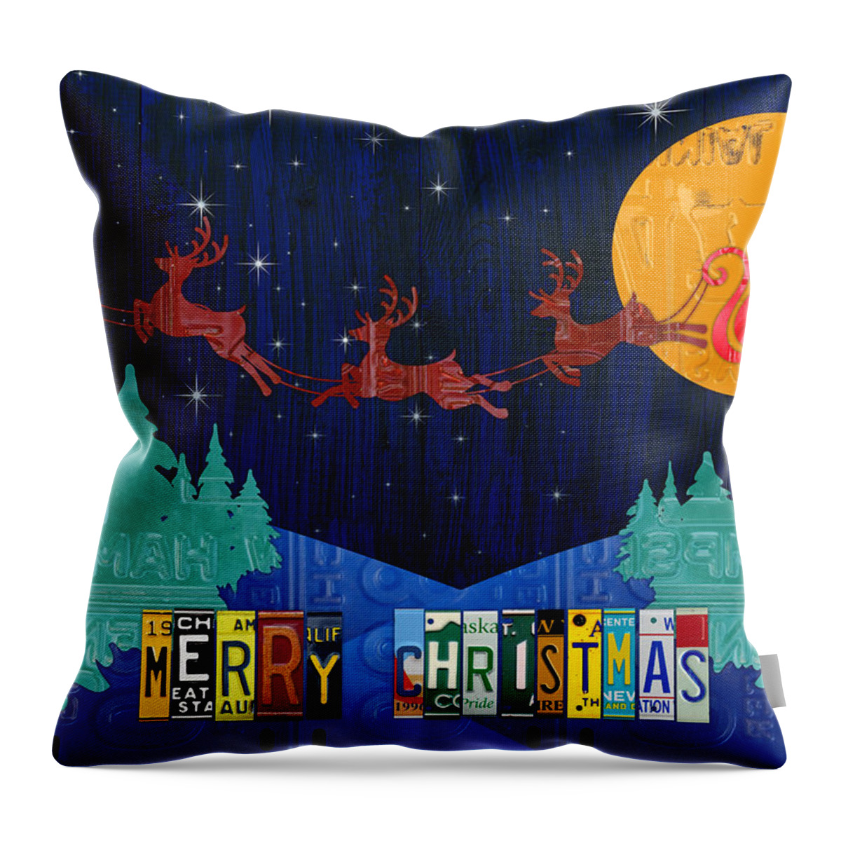 Merry Christmas Throw Pillow featuring the mixed media Merry Christmas Santa and His Sleigh Recycled Vintage License Plate Art by Design Turnpike