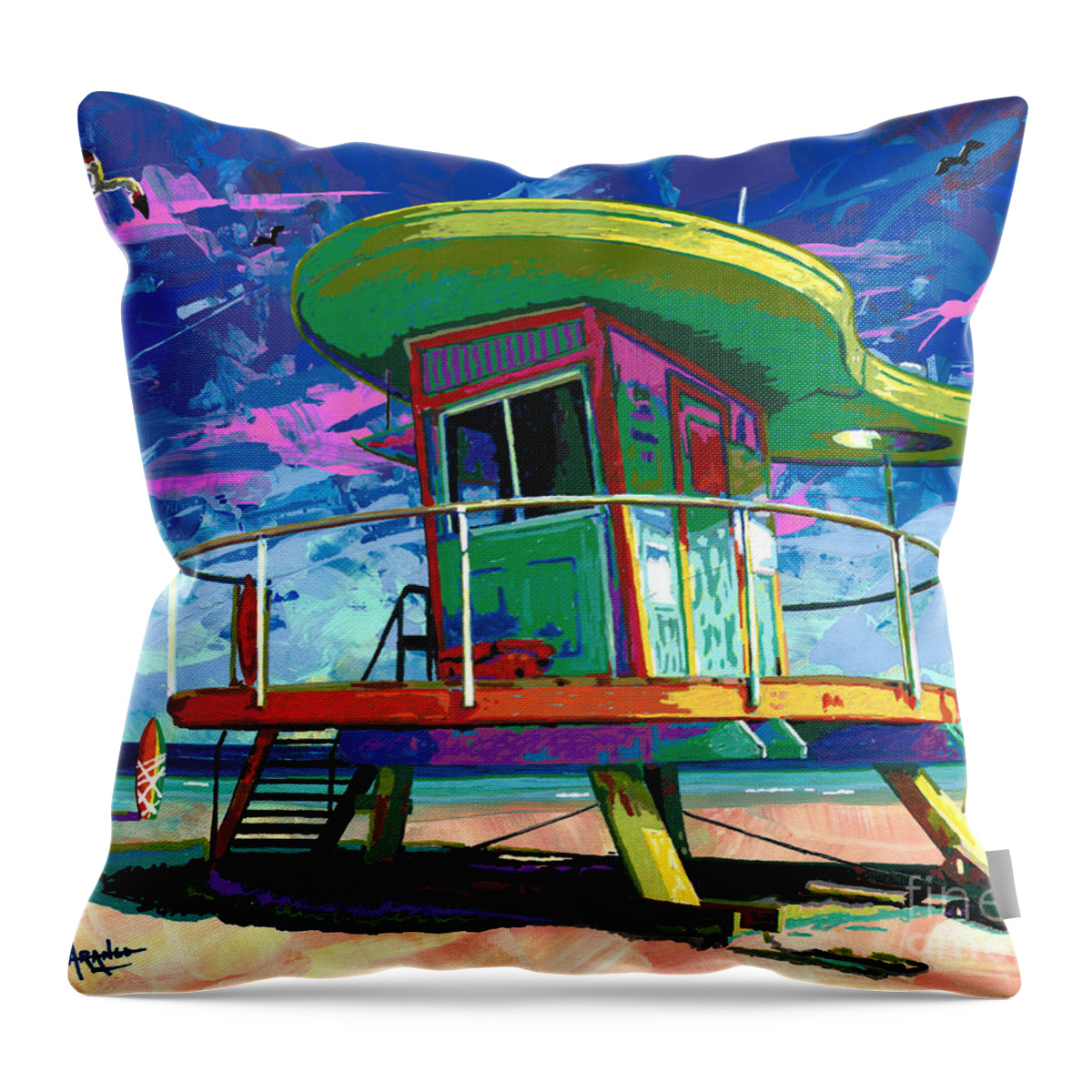 Lifeguard Throw Pillow featuring the painting Miami Beach Lifeguard Tower by Maria Arango