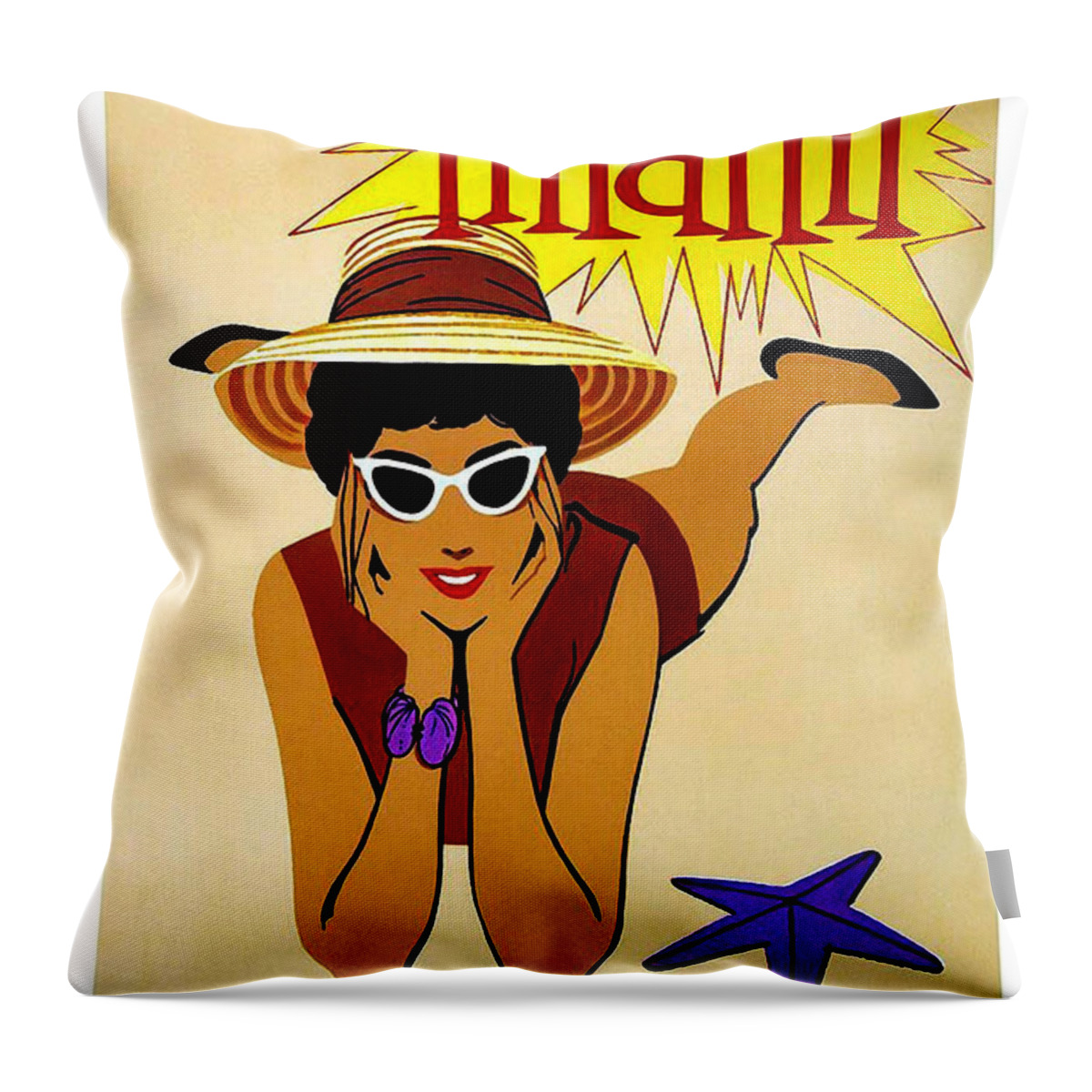 Miami Throw Pillow featuring the painting Miami, sunbathing, woman, vintage travel poster by Long Shot