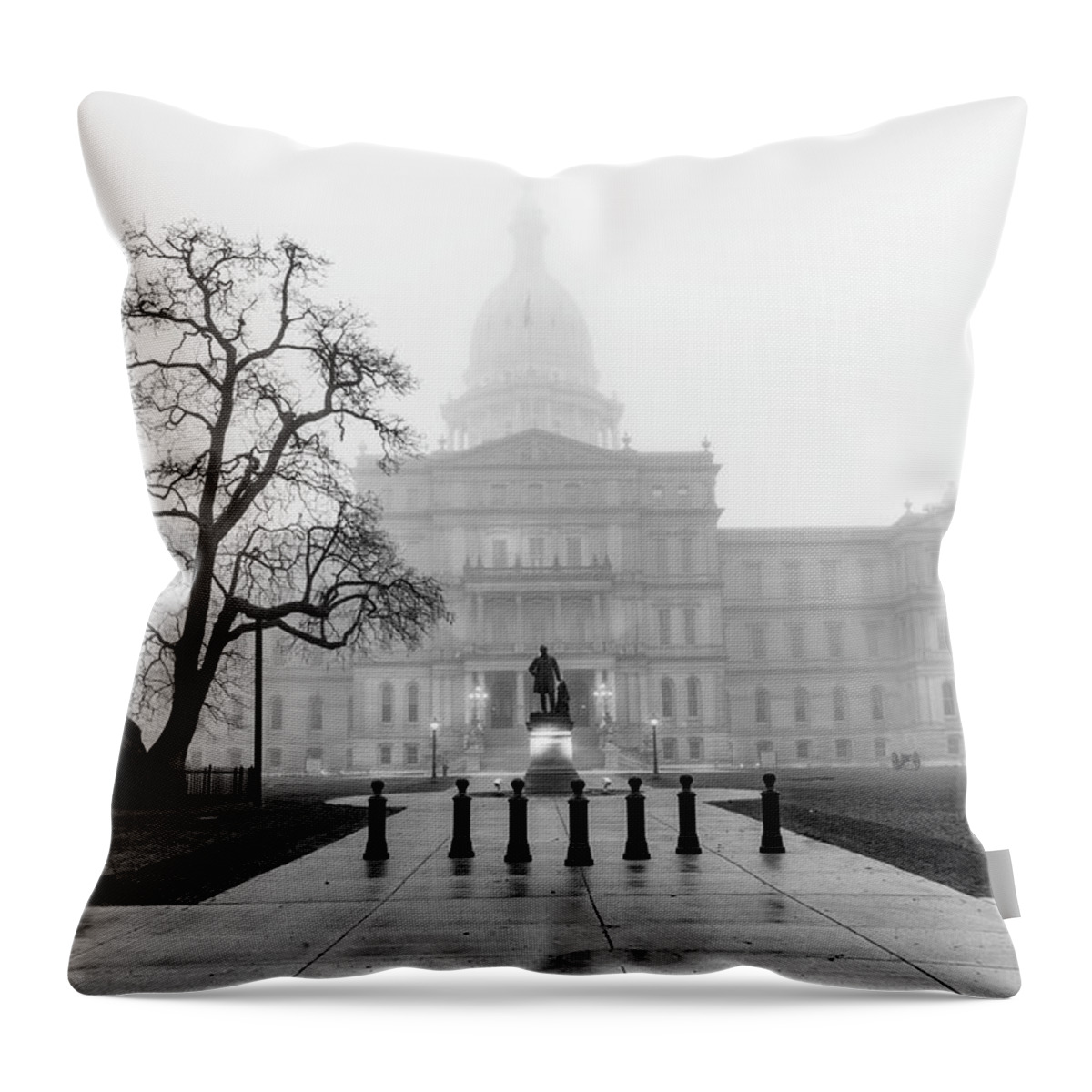 Black And White Throw Pillow featuring the photograph Michigan Capitol Foggy Morning 2 by John McGraw