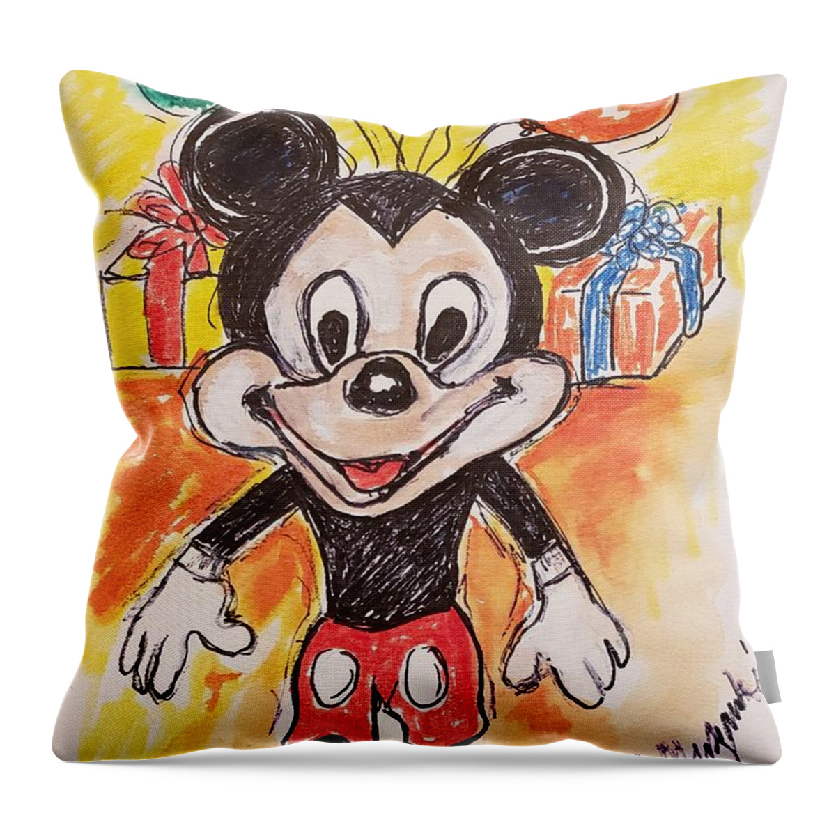 Mickey Mouse Throw Pillow featuring the mixed media Mickey Mouse 90th Birthday Celebration by Geraldine Myszenski