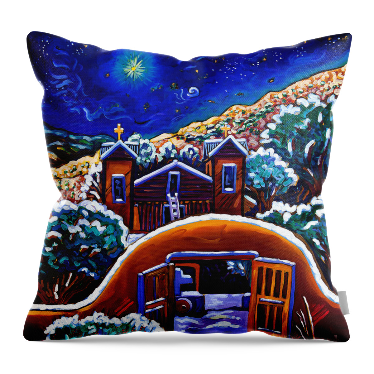 Chimayo Throw Pillow featuring the painting Midnight Clear Chimayo by Cathy Carey